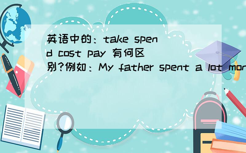 英语中的：take spend cost pay 有何区别?例如：My father spent a lot money in buying the new car.