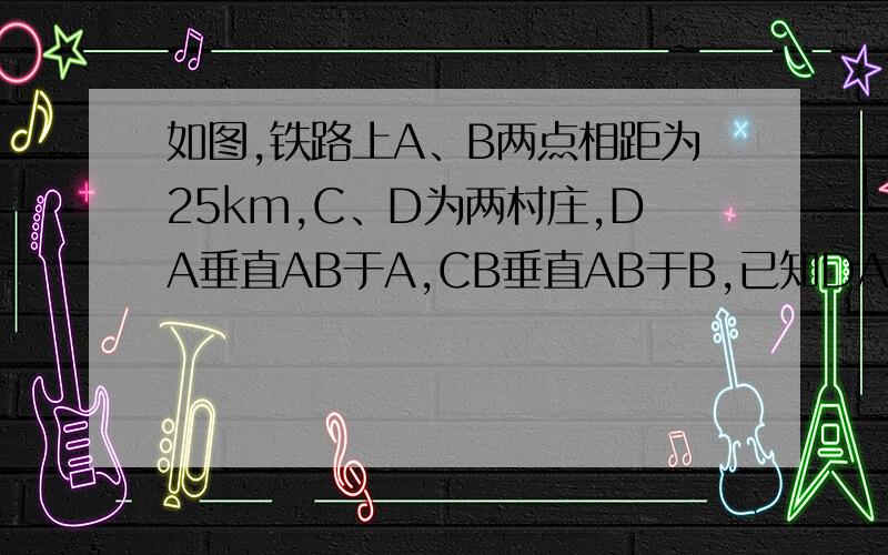 如图,铁路上A、B两点相距为25km,C、D为两村庄,DA垂直AB于A,CB垂直AB于B,已知DA=15km,CB=10km,以A为原点,AB所在的直线为x轴,DA所在的直线为y轴建立直角坐标系.现在要在铁路AB上建一个收购站E,使得C,D